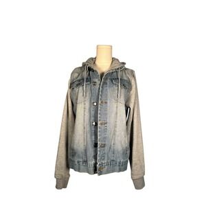 RUE 21‎ Denim Jacket with Gray Hooded Sweatshirt Sleeves Women's Medium